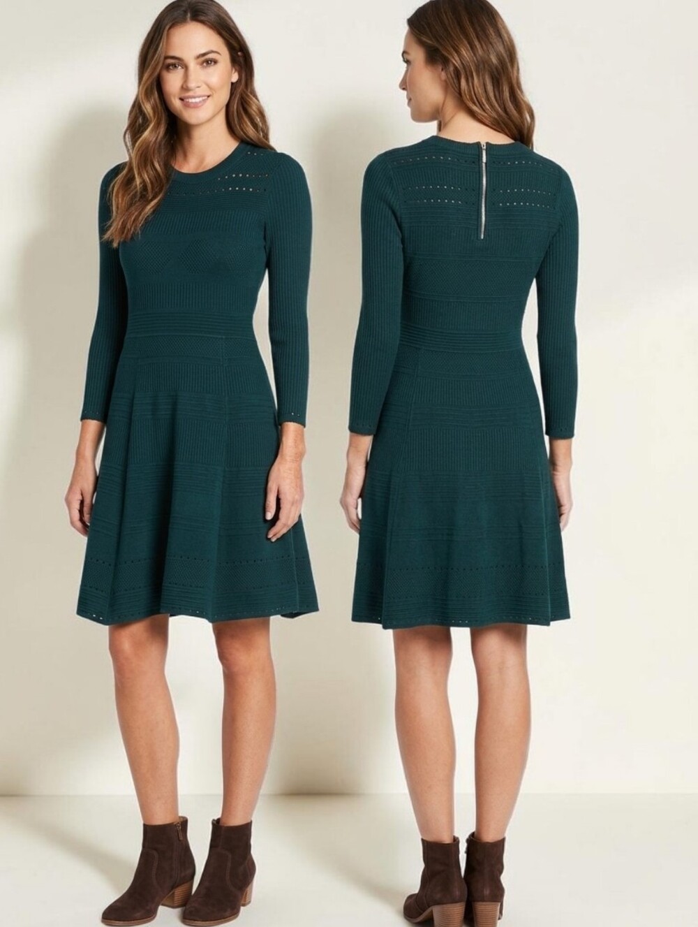 ELIZA J Hunter Green Pointelle A-line Sweater Dress - Size M